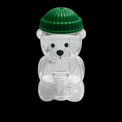 Cute Clear Bear Shaped Plastic Storage Jar with Green Beanie Lid | Reusable Candy, Snacks & Gift Container