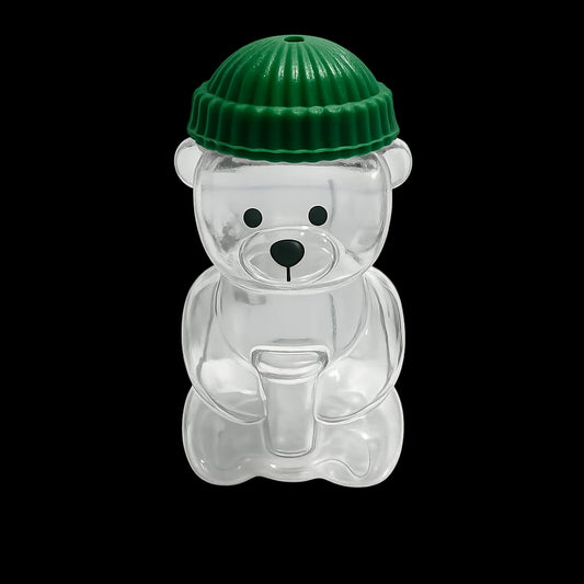 Cute Clear Bear Shaped Plastic Storage Jar with Green Beanie Lid | Reusable Candy, Snacks & Gift Container