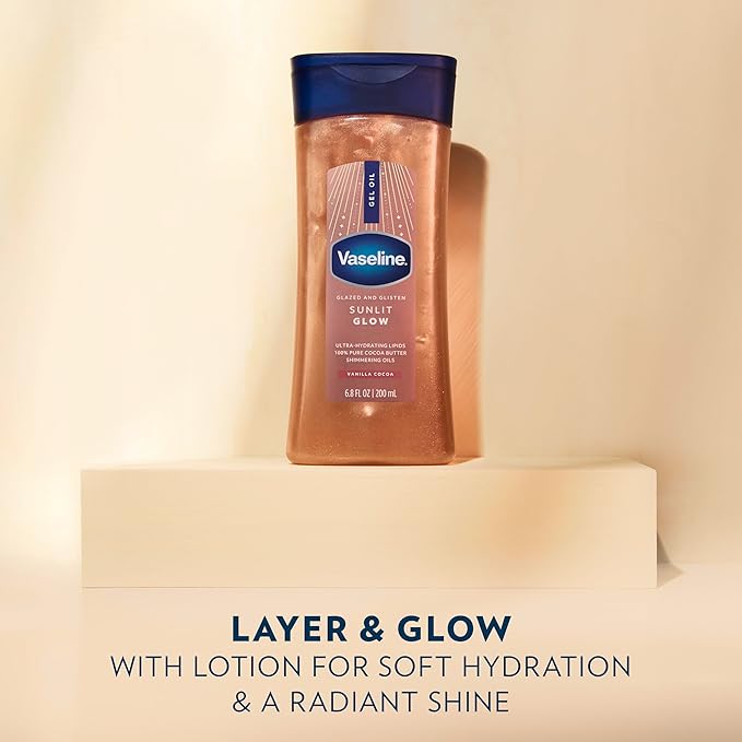 Vaseline Glazed and Glisten Sunlit Glow Body Gel Oil Vanilla Cocoa Shimmering with Ultra-Hydrating Lipids and 100% Pure Cocoa Butter, 6.8 Oz Open Heaven Beauty