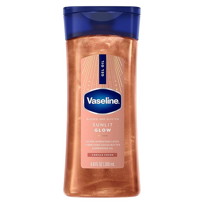 Vaseline Glazed and Glisten Sunlit Glow Body Gel Oil Vanilla Cocoa Shimmering with Ultra-Hydrating Lipids and 100% Pure Cocoa Butter, 6.8 Oz Open Heaven Beauty