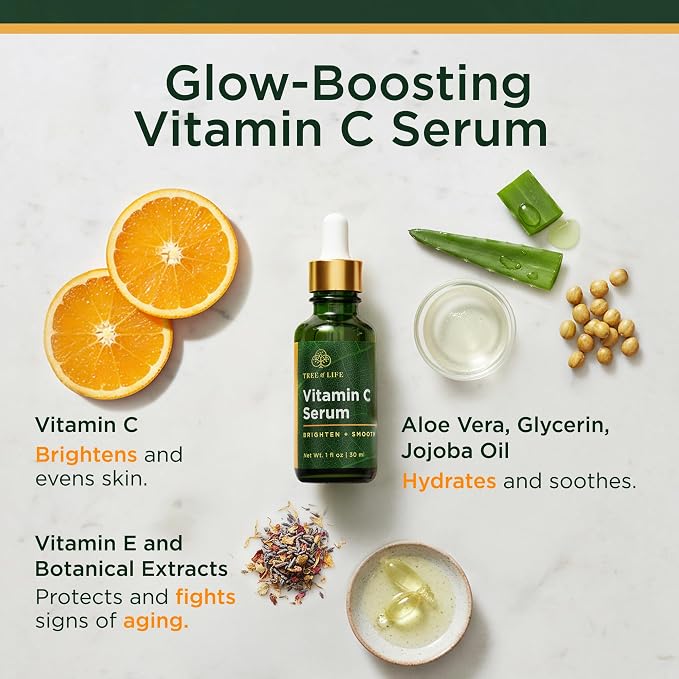 Tree of Life Vitamin C Serum for Face, Dark Spots Remover Face Oil, 2 Fl Oz | Brightening Vitamin C serum for face. Hydrating face oil that targets dark spots and fine lines for clear skin. Open Heaven Beauty