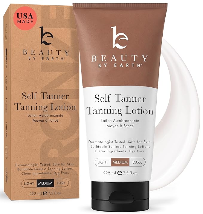 Beauty by Earth Self Tanner - USA Made with Natural & Organic Ingredients | Moisturizing Self Tanning Lotion with Aloe Vera & Coconut for a Natural Glow, Streak-Free Fake Tan (Medium) Open Heaven Beauty