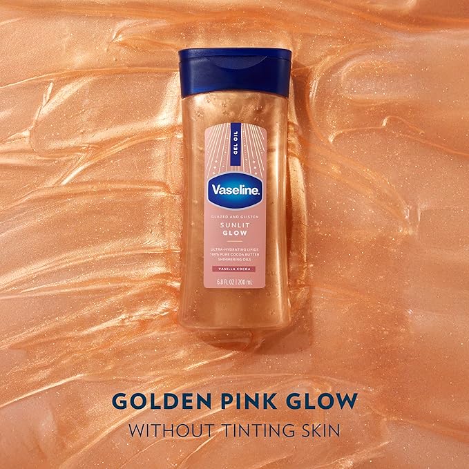 Vaseline Glazed and Glisten Sunlit Glow Body Gel Oil Vanilla Cocoa Shimmering with Ultra-Hydrating Lipids and 100% Pure Cocoa Butter, 6.8 Oz Open Heaven Beauty