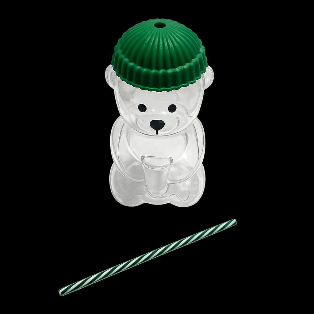 Cute Clear Bear Shaped Plastic Storage Jar with Green Beanie Lid | Reusable Candy, Snacks & Gift Container